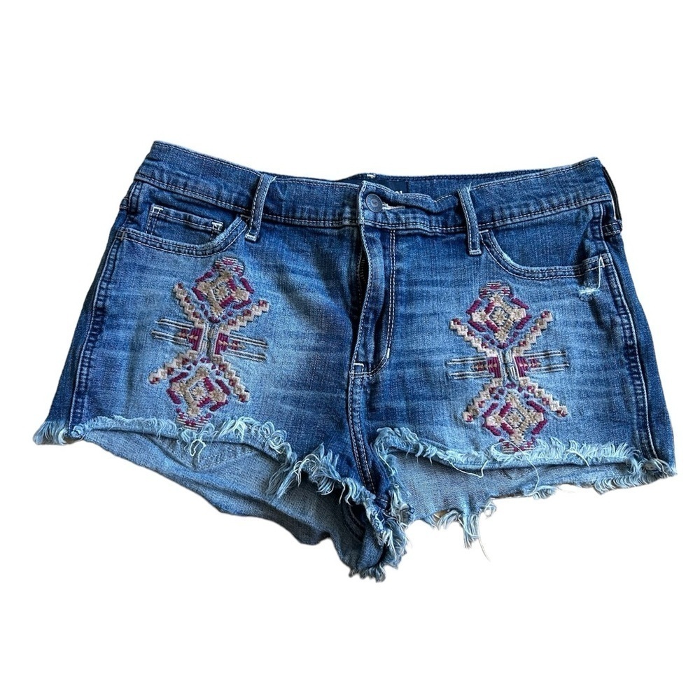 Hollister High Rise Blue Denim Embroidered Shorts Size 13 W31